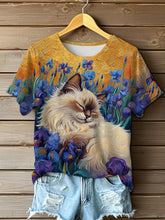 T-shirt à manches courtes de chat de fleurs mignonnes de peinture à l'huile des femmes